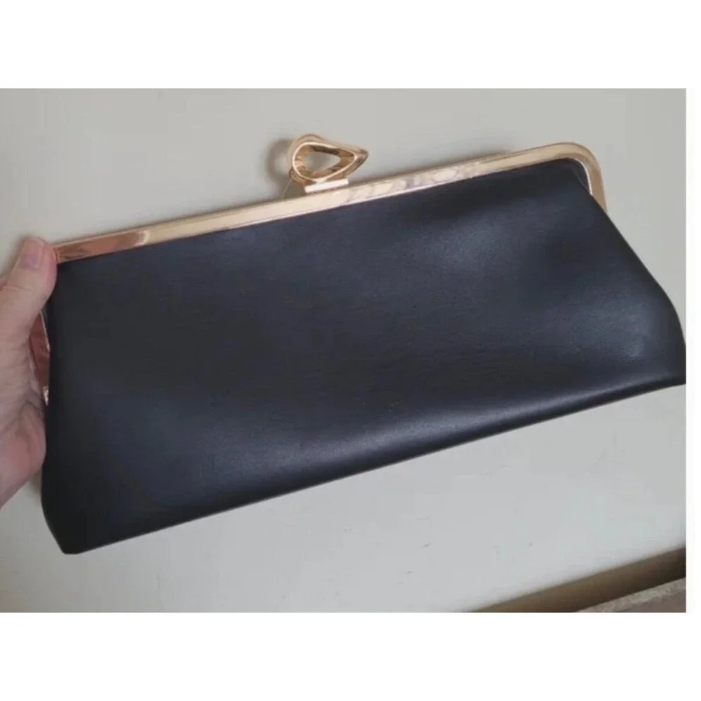 Anthropologie‎ NWT Claire Vegan-Leather  Turn Lock Black Clutch - Picture 2 of 7